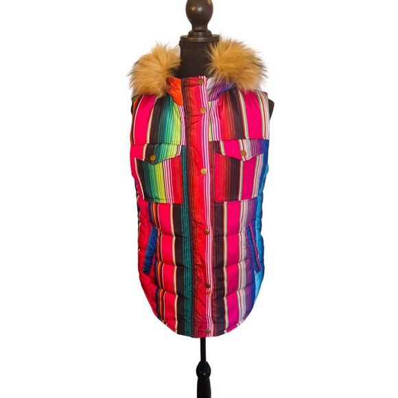 Judith March Rainbow Striped Puffer Vest Faux Fur Hood S Outdoor Street Style - Picture 7 of 15